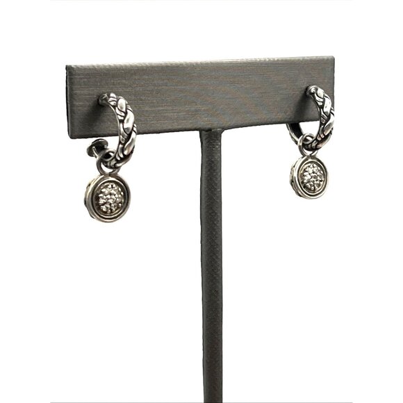 John Hardy Sterling Silver Classic Chain Diamond Pierced Dangle Hoop Earrings - Picture 3 of 9